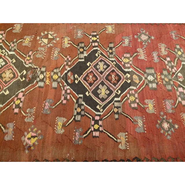 Red Vintage Turkish Tribal Kilim, Flat-Woven Medallion Pattern, Burgundy & Ivory, 5x11 For Sale - Image 8 of 13