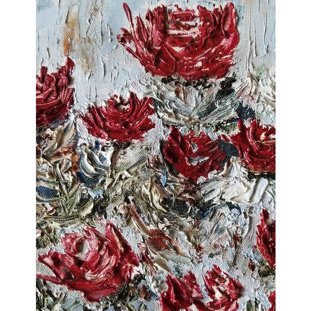 Artwork is done by smearing colors on the canvas using a knife to give the artwork a deeply textured rough raw unfinished...