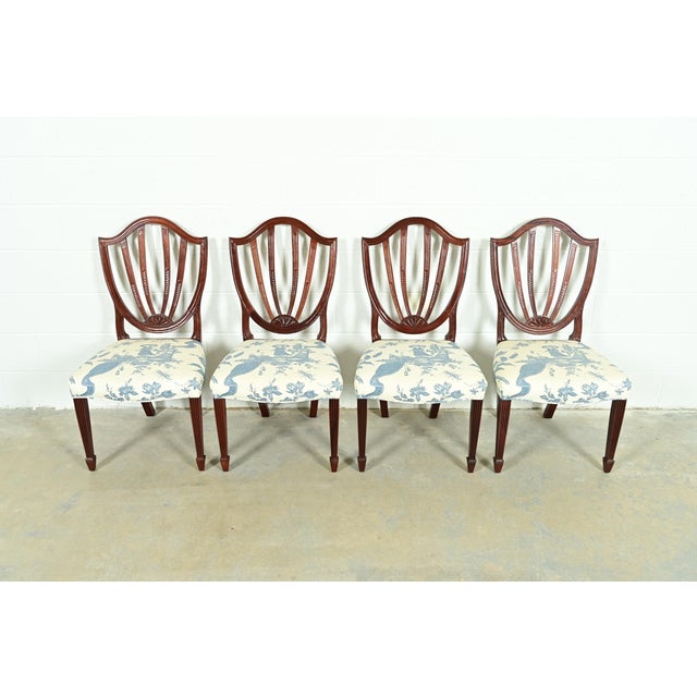 English Baker Furniture Historic Charleston Federal Carved Mahogany Shield Back Dining Chairs, Set of Four For Sale - Image 3 of 13