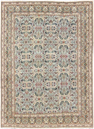 Fine Persian Kashan in Celadon Green, Light Blue Field Intricate Floral Motifs