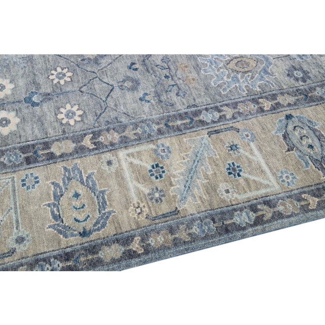 Textile Modern Gray Oushak Style Handmade Floral Motif Square Wool Rug For Sale - Image 7 of 10