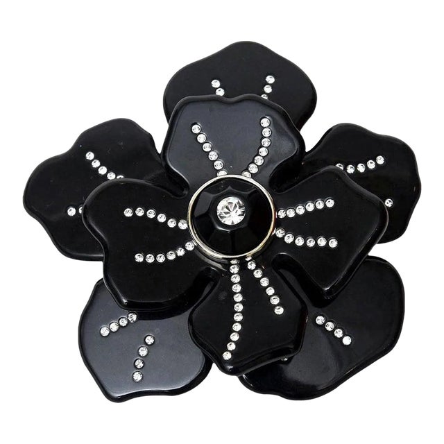 Valentino Black Resin and Rhinestone Flower Brooch Pin