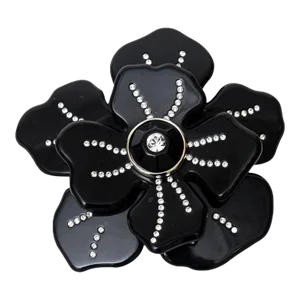 Valentino Black Resin and Rhinestone Flower Brooch Pin