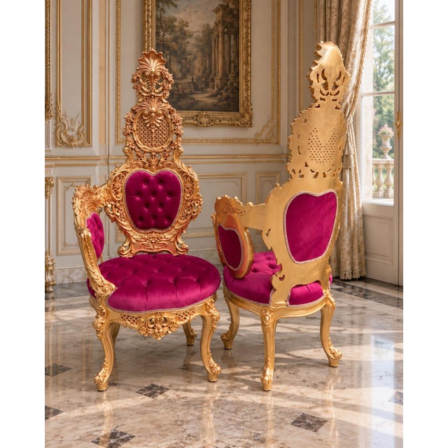 1970s Italian Artisan Baroque Gold Red Velvet Chairs-Pair For Sale - Image 10 of 11