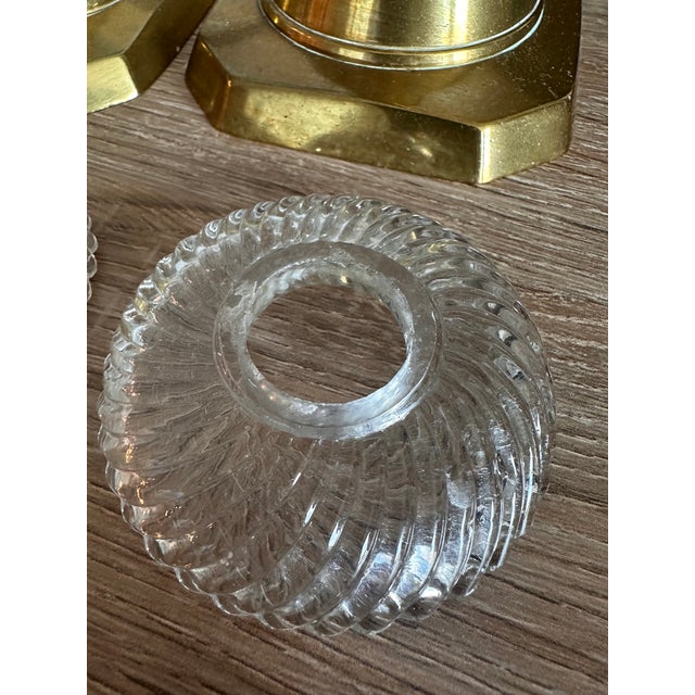 Vintage Solid Brass Octagonal Candlesticks With Swirl Glass Bobeches, Pair For Sale - Image 12 of 13
