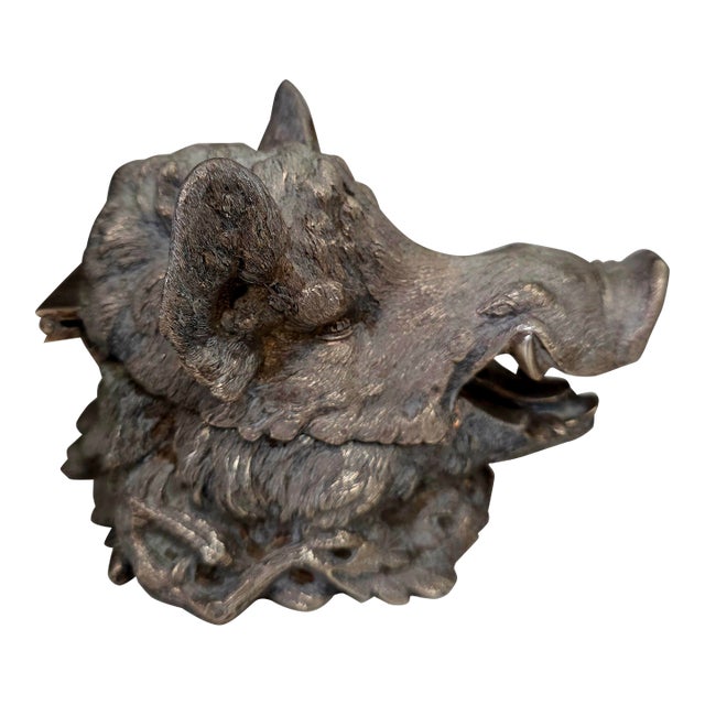 French Silverplate Boars Head Inkwell For Sale