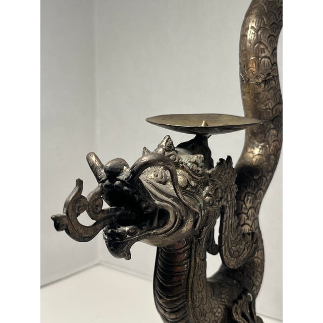 Silver Vintage Chinese Cast Metal Candle Stake Dragon Shape 23"h Plus 2 Candles For Sale - Image 8 of 12