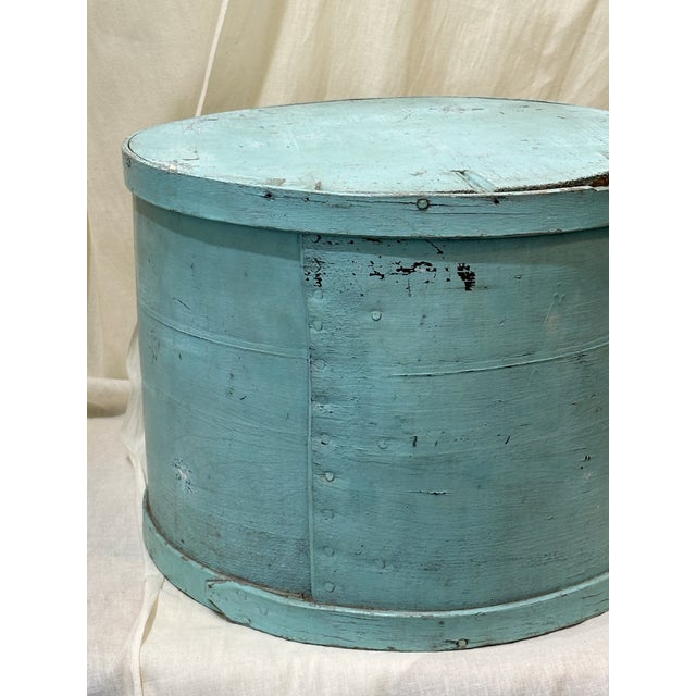 Primitive Round Wooden Box in Original Turquoise Paint. Steamed Wood Box with lovely details, some old damage to lid rim,...