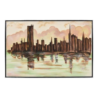 Lee Reynolds Style Green and Brown Mid-Century Modern Cityscape Skyline Painting For Sale