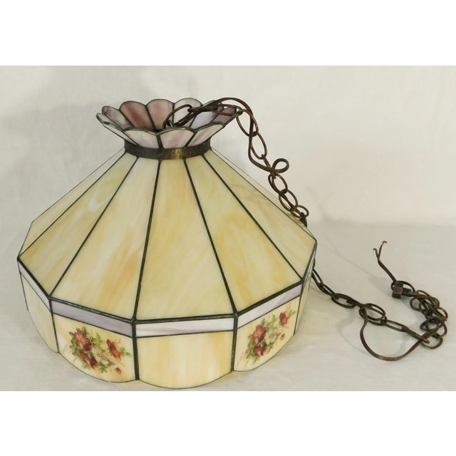 1970s Vintage C1970s Signed Yellow Caramel & Purple Lilac Swirl Slag Glass Floral Pendant Light Chandelier For Sale - Image 5 of 12