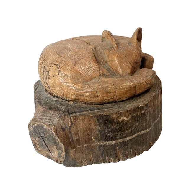 Vintage Hand Carved Sleeping Fox/Cat Log Sculpture For Sale - Image 11 of 11
