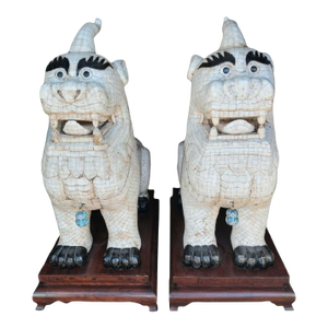 Vintage Monumental Mansion Size Tesselated Bone Tile Maitland Smith Style Foo Dog Lion Statues -Pair