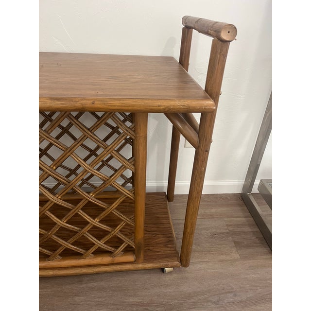 McGuire Style Vintage 1970s Hollywood Regency-Style Faux Bamboo and Rattan Rolling Bar Cart For Sale - Image 11 of 12