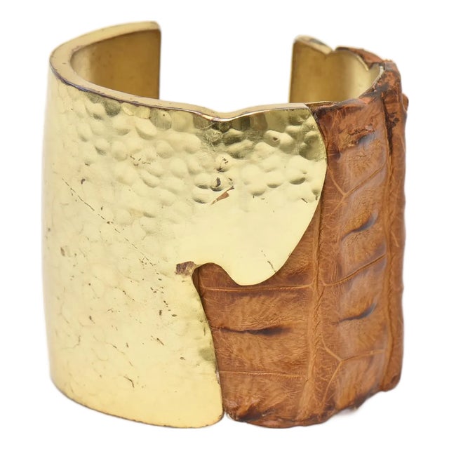 Studio Signed Hand Hammered Brass and Brown Leather Wide Cuff Bracelet 2000 For Sale
