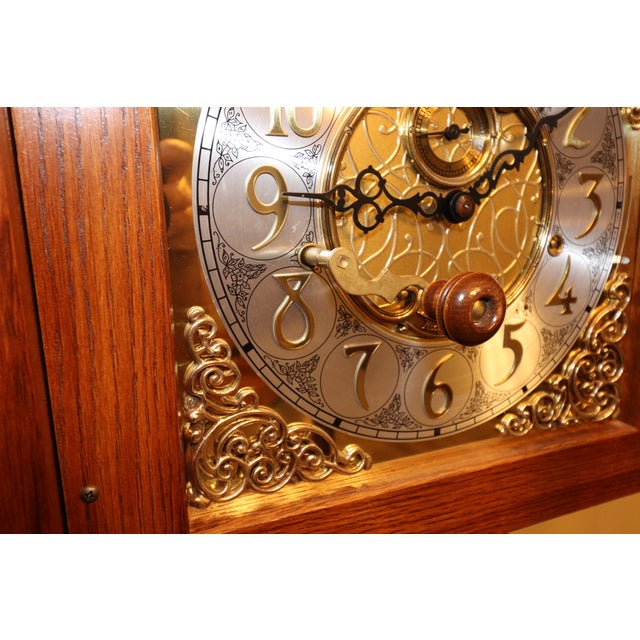 Ridgeway Model 9109 Illuminated Moon Phase Triple-Chime Grandfather Clock, Oak Case, Circa 1992 For Sale - Image 17 of 18