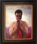 This oil on panel artwork portrays a contemplative figure, shirtless and holding a vibrant red cloth close to his face,...