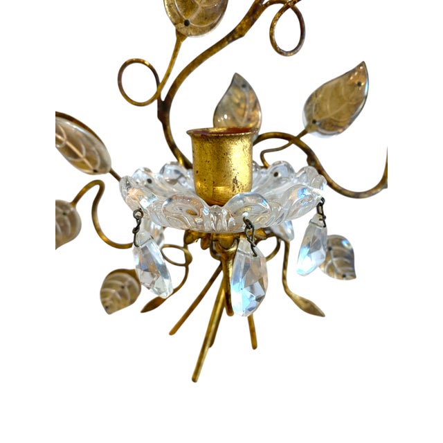 Brass Maison Baguès Style Sconces Pair Antique French Gilt Brass Crystal Floral Decor For Sale - Image 8 of 13