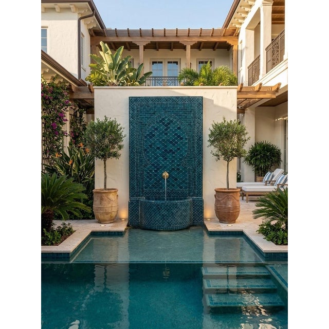2000 - 2009 Vintage Moroccan Teal Zellige Tile Wall Fountain For Sale - Image 5 of 7