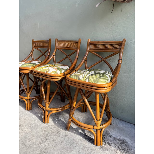 1960s Rare Trio of X-Back Bamboo Swivel Counter Stools (3) - Refurbished and Reupholstered For Sale - Image 12 of 12