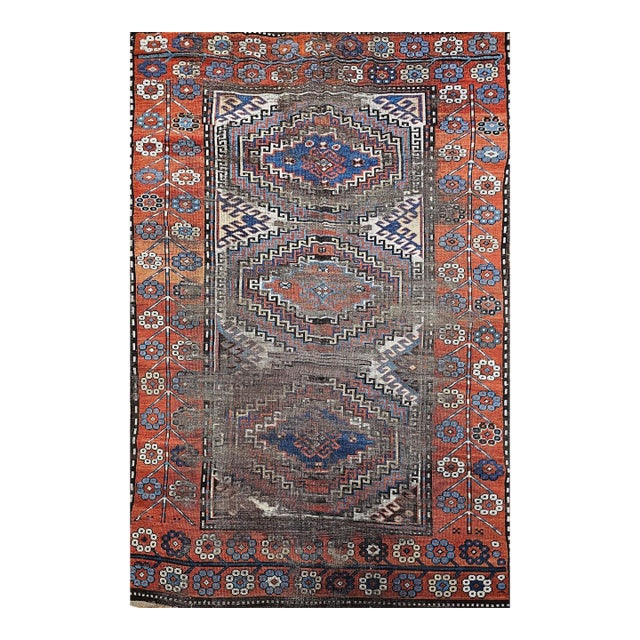 Antique Caucasian Karabagh Area Rug, Hand-Knotted Wool, Geometric Design, Ivory & Blue, 5x8 For Sale