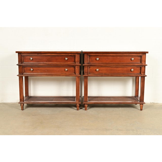 French Drexel Heritage French Regency Louis XVI Carved Mahogany and Cane Console Tables or Servers, Pair For Sale - Image 3 of 13