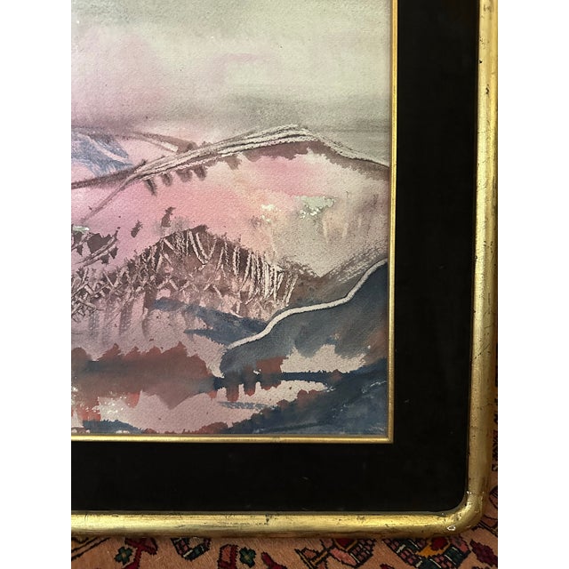 Mid-Century Abstracted Watercolor &Amp; Wax-Resist Mountain Landscape by Mina Tabuena. For Sale - Image 12 of 12
