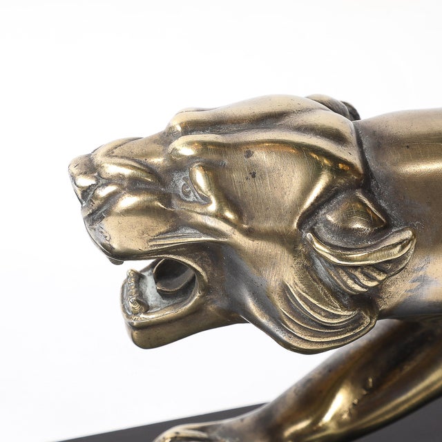 Art Deco Silvered Bronze Lion Sculpture on Black Marble Base For Sale - Image 4 of 17
