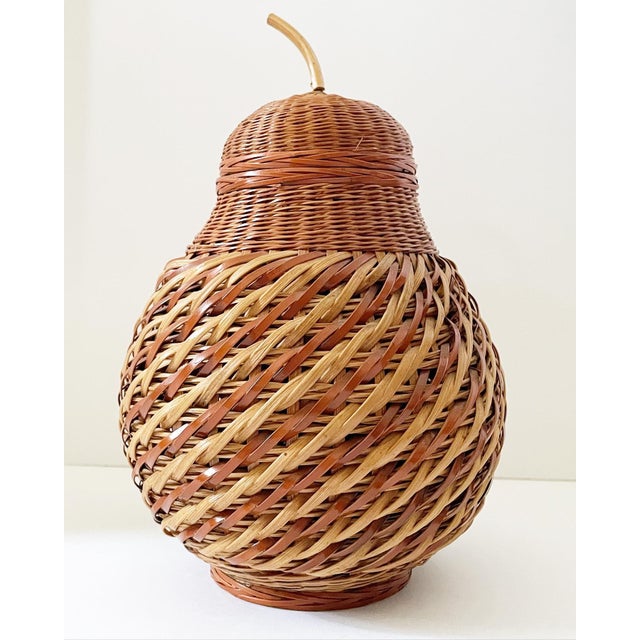 1970s Pear Ceramic Vessel Wrapped in Hand Woven Wicker For Sale - Image 4 of 10