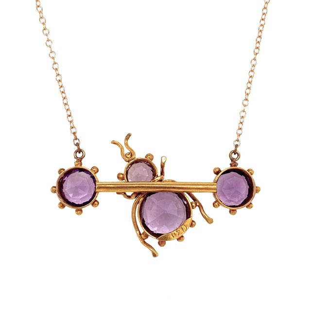 Victorian 19th Century Etruscan Style Amethyst Insect Bar Pendant Necklace With 14k Gold Chain For Sale - Image 3 of 3