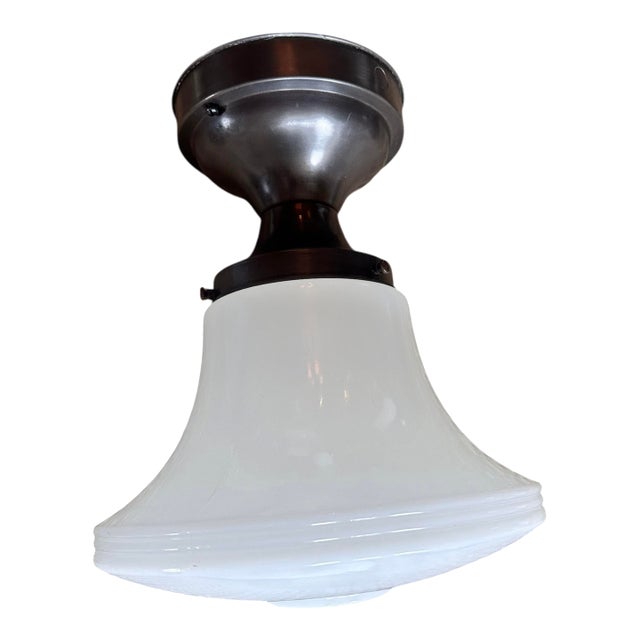 1930s Art Deco Flushmount Fixture on Original Bronzing Patina Holder For Sale