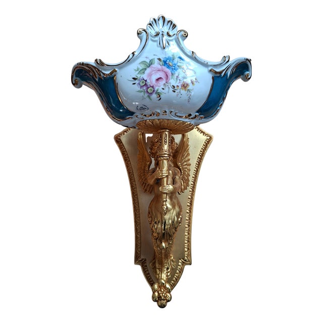 Vintage Wall Lights in Gold-Plated Brass and Cobalt Blue Porcelain, 1990, Set of 8 For Sale