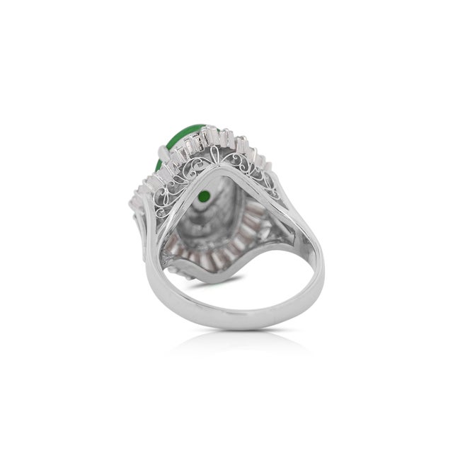 Metal 7.50 Carat Untreated Oval Green Jadeite With Baguette Diamonds in Platinum Ring Size 6.5 For Sale - Image 7 of 8