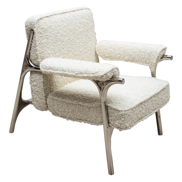 Bouclé Armchair With Polished Steel Accents by R&y Augousti For Sale