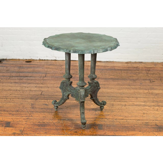 Contemporary Verde Bronze Round Top Table with Fluted Legs and Scrolling Feet For Sale - Image 4 of 13