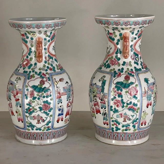 Pair Antique Chinese Hand-Painted Vases will make a colorful addition to your decor. Using several shades of green...