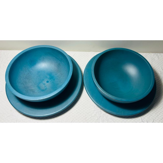 Beautiful, rare pair of large wooden serving bowls with under liners by Ralp Lauren. Made in Italy. Original blue color...