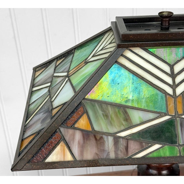 Wood Antique Arts & Crafts Slag Glass Oak Table Lamp For Sale - Image 7 of 12