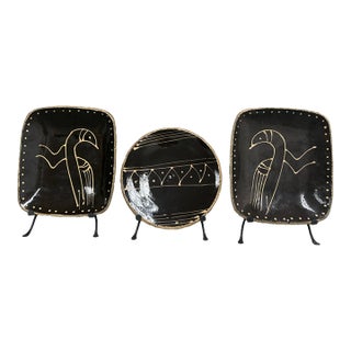 Late 20th Century Hand Painted Ceramic Platters + Stands, Set of Three For Sale