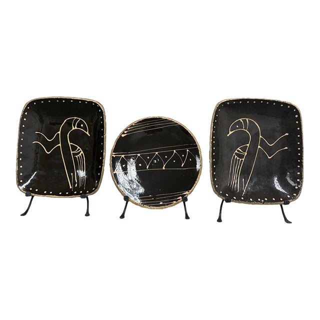 Late 20th Century Hand Painted Ceramic Platters + Stands, Set of Three For Sale