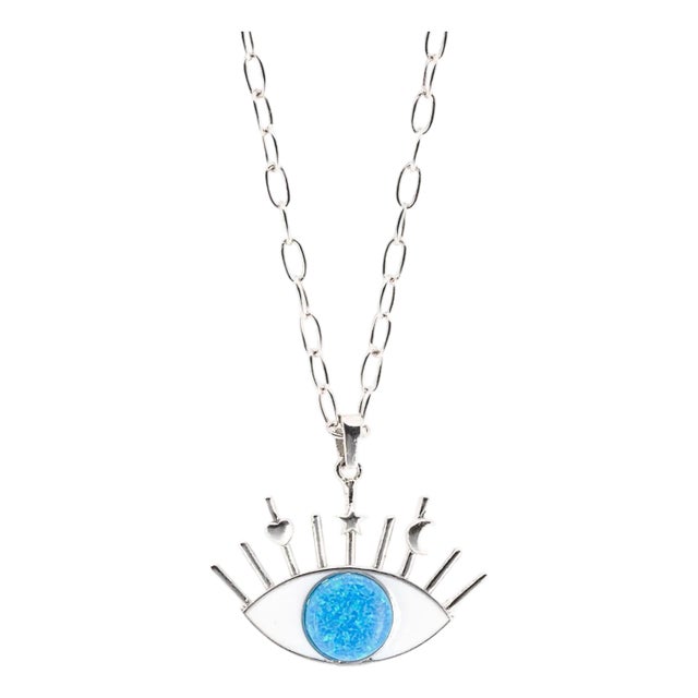 Silver Blue Opal Evil Eye Pendant Necklace For Sale