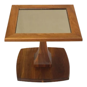 Square Oiled Walnut Mirror Tile Top Occasional Side End Table Stand Figural Base