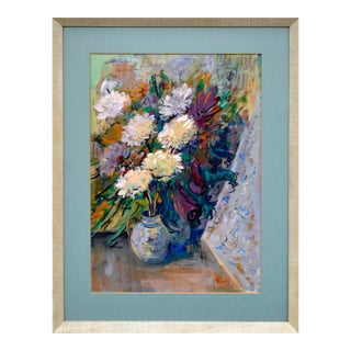 1970s Modern White Chrysanthemums Still Life Painting by Jaroslav Pavlis For Sale