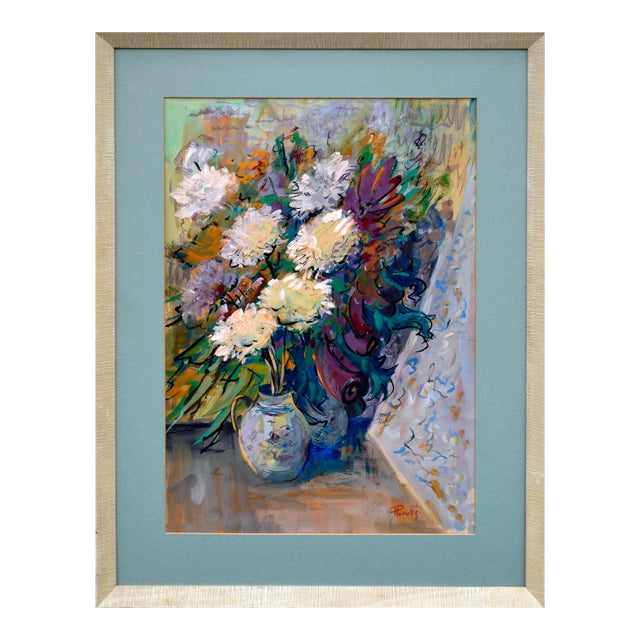 1970s Modern White Chrysanthemums Still Life Painting by Jaroslav Pavlis For Sale