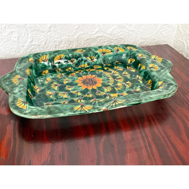 Mexican Vintage Mexican Talavera Style Green Rectangular Dish With Sunflower For Sale - Image 3 of 7