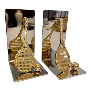 Pair of Polished Brass and Chrome Tennis Racket Bookends For Sale