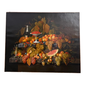 Large Paul LaCroix (American, 1827-1869) Oil on Canvas Still Life Fruit Champagne Painting
