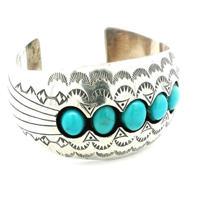 Vintage Navajo Sterling Silver Turquoise Cuff Bracelet Signed P.Benally For Sale - Image 4 of 9