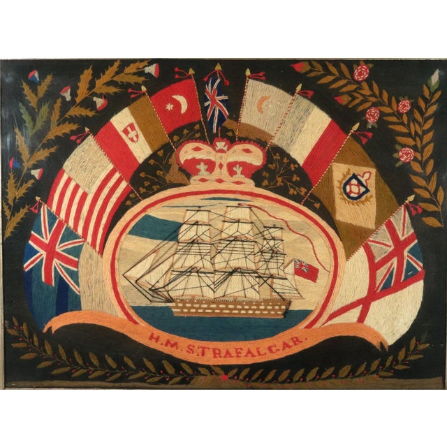 Sailor's "Flag of Nations" Woolwork, H.M.S. Trafalgar Circa 1865–1875 A handsome British sailor's woolwork of the sought-...