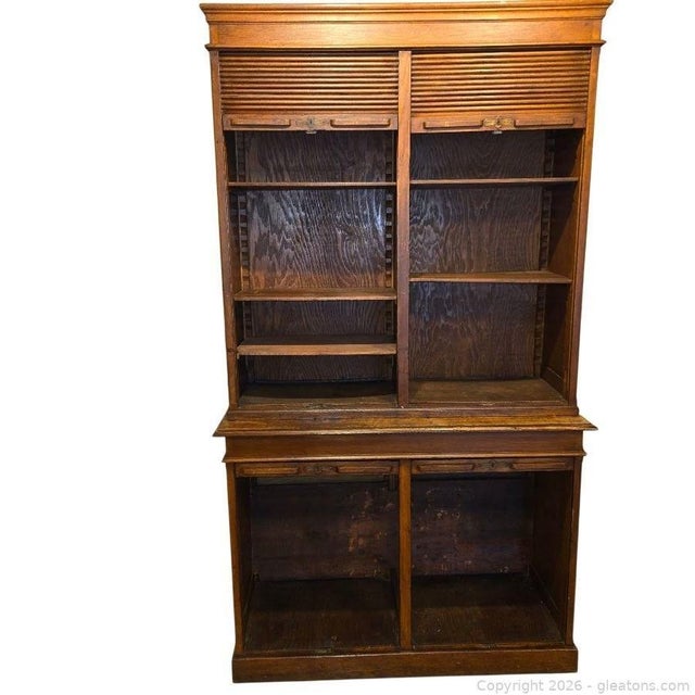 English Regency / Campaign Style Tambour Door Bookcase Cabinet in Oak, C. 1890–1920 For Sale - Image 4 of 4