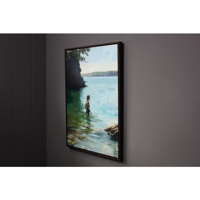Green Contemporary Between Sea and Sky by Jon Doran | Oil on Panel Woman Wading Into a Cornish Cove For Sale - Image 8 of 9